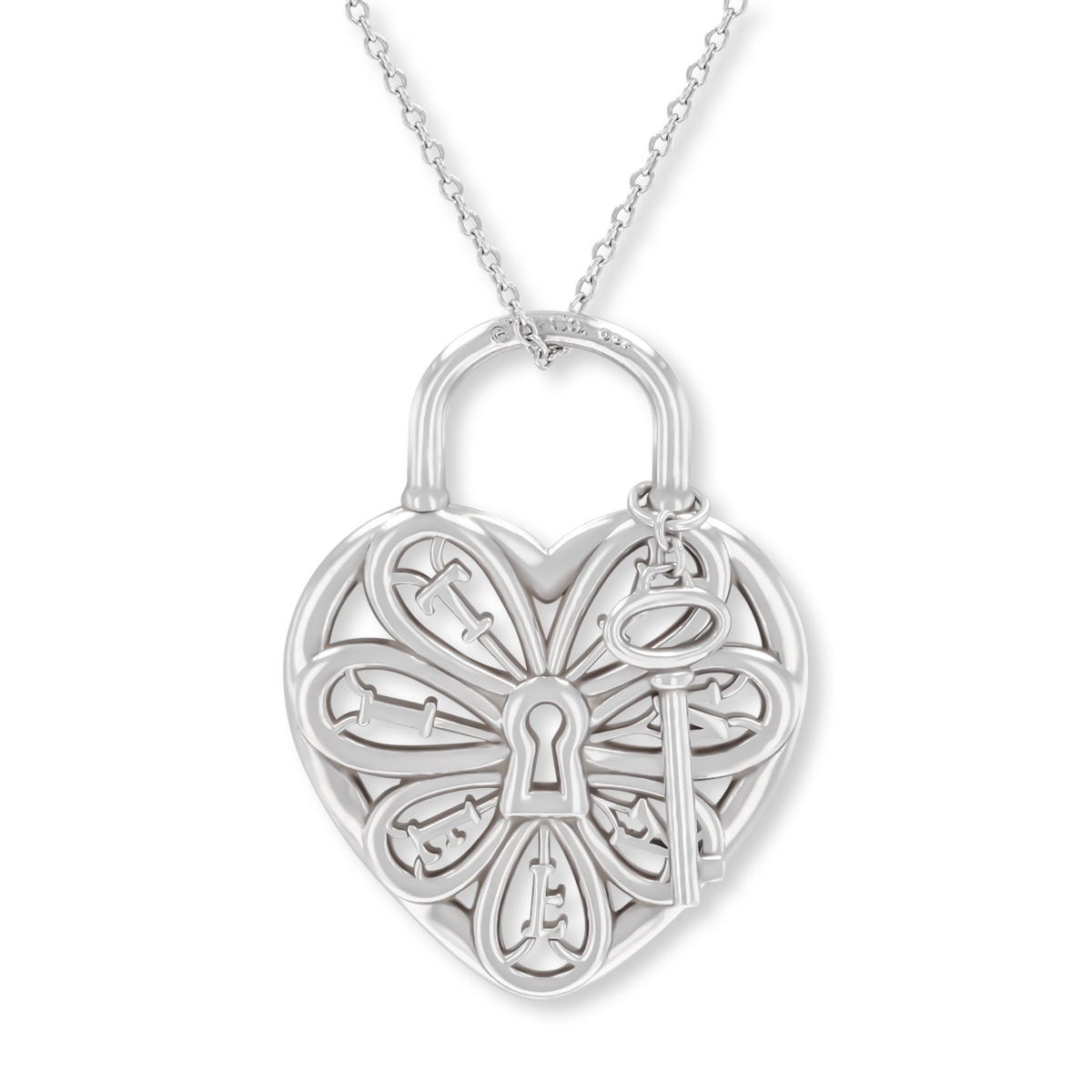 Tiffany & Co. Sterling Silver Filigree Heart With Key Pendant & Chain