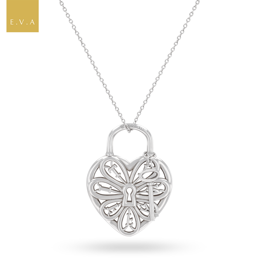 Tiffany Co. Sterling Silver Filigree Heart With Key Pendant Chain
