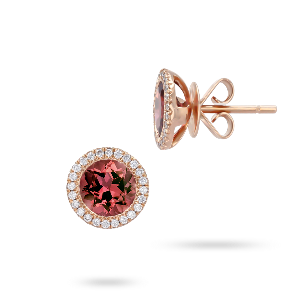 18ct Rose Gold Pink Tourmaline & Diamond Halo Stud Earrings