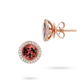 18ct Rose Gold Pink Tourmaline & Diamond Halo Stud Earrings