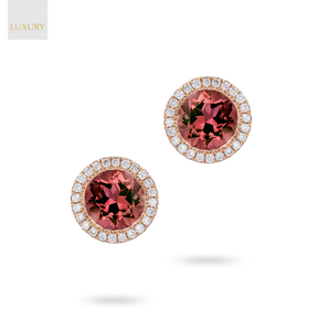 18ct Rose Gold Pink Tourmaline & Diamond Halo Stud Earrings