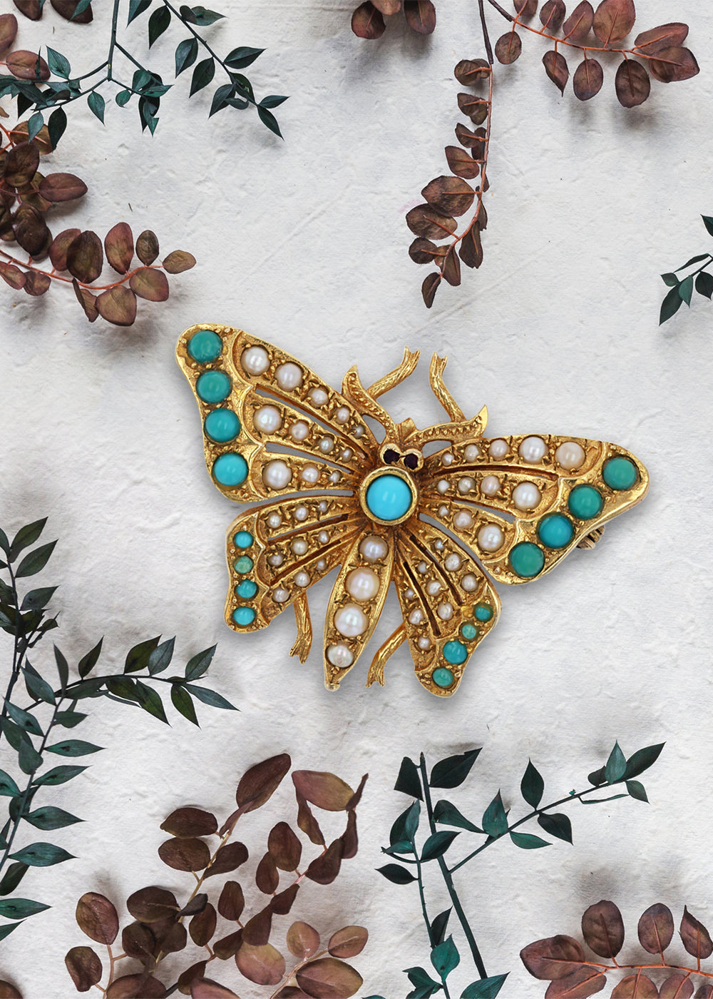 9ct Yellow Gold Turquoise & Pearl Butterfly Brooch.