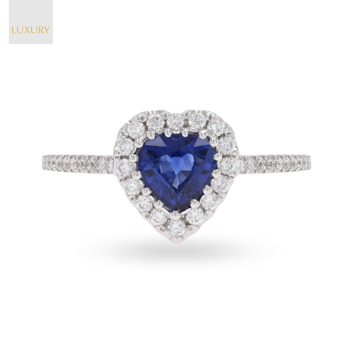 18ct White Gold Heart Shaped Sapphire & Diamond Halo Ring