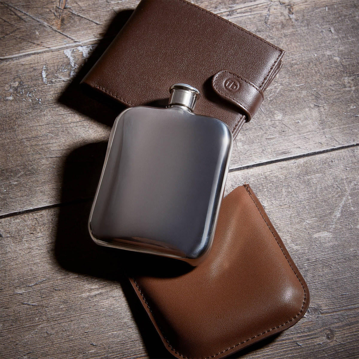 Fred Bennett Stainless Steel Hip Flask with Brown Leather Sleeve