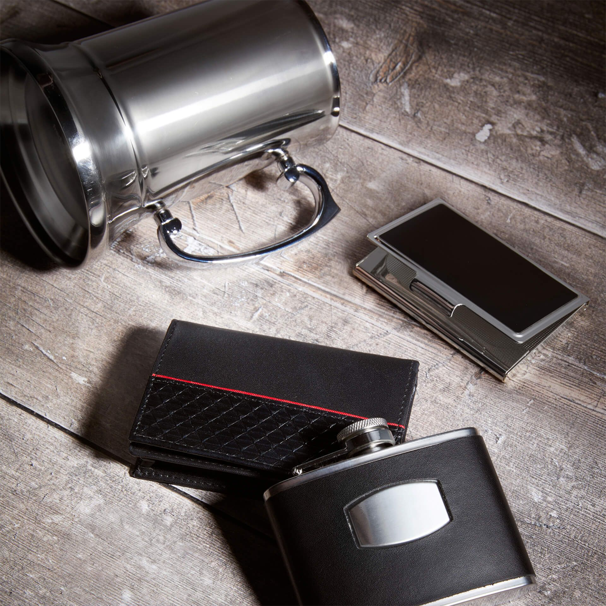 Fred Bennett Black Leather & Stainless Steel Hip Flask & Stainless Steel Tankard