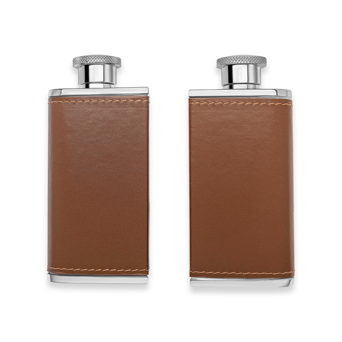 Stainless Steel & Brown Leather Twin 3oz Hip Flasks with Case