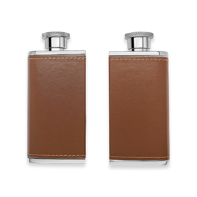 Stainless Steel & Brown Leather Twin 3oz Hip Flasks with Case