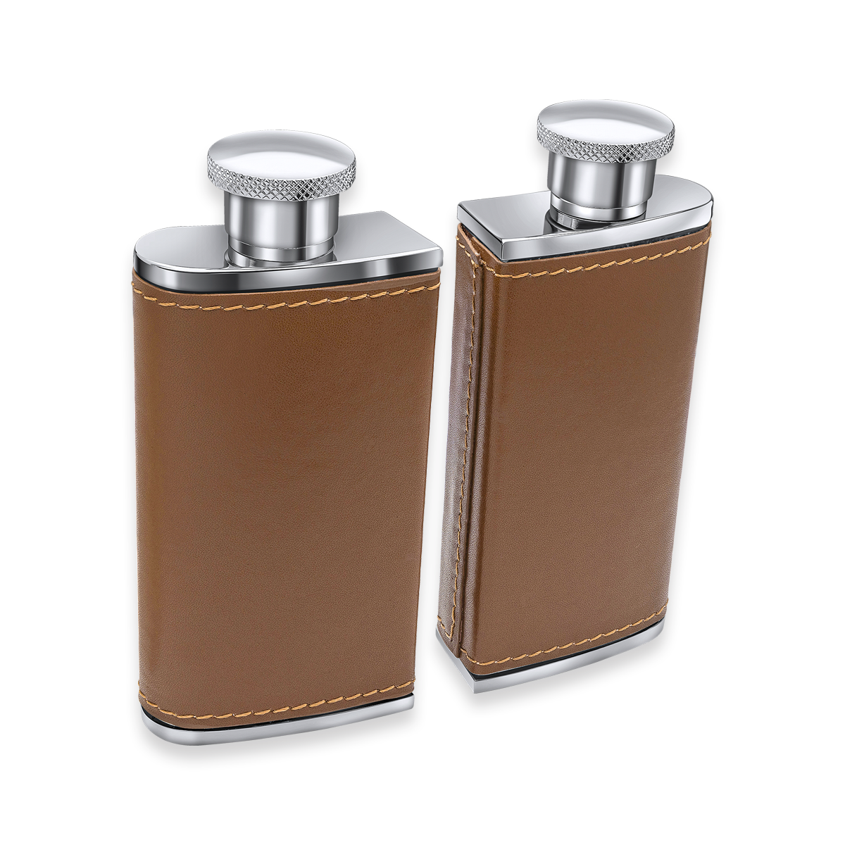 Stainless Steel & Brown Leather Twin 3oz Hip Flasks with Case