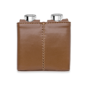 Stainless Steel & Brown Leather Twin 3oz Hip Flasks with Case