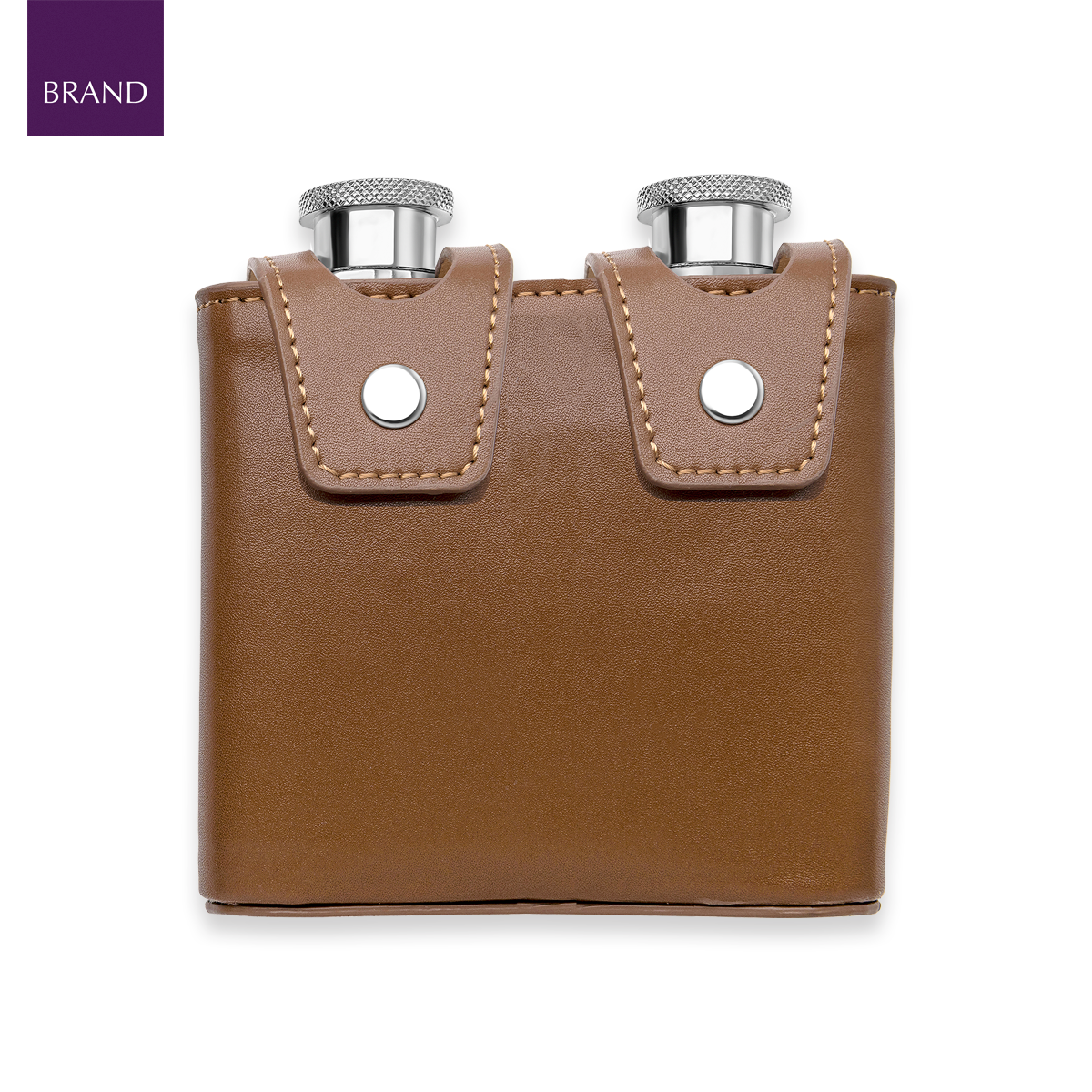Stainless Steel & Brown Leather Twin 3oz Hip Flasks with Case