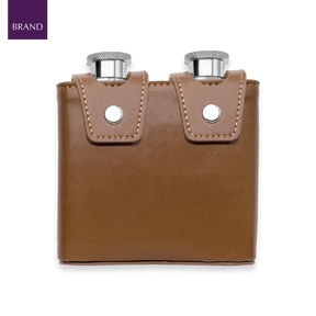 Stainless Steel & Brown Leather Twin 3oz Hip Flasks with Case