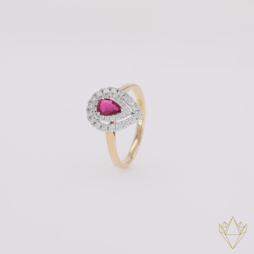 18ct Yellow Gold Pear Shape Ruby & Diamond Double Halo Ring - 360 Video