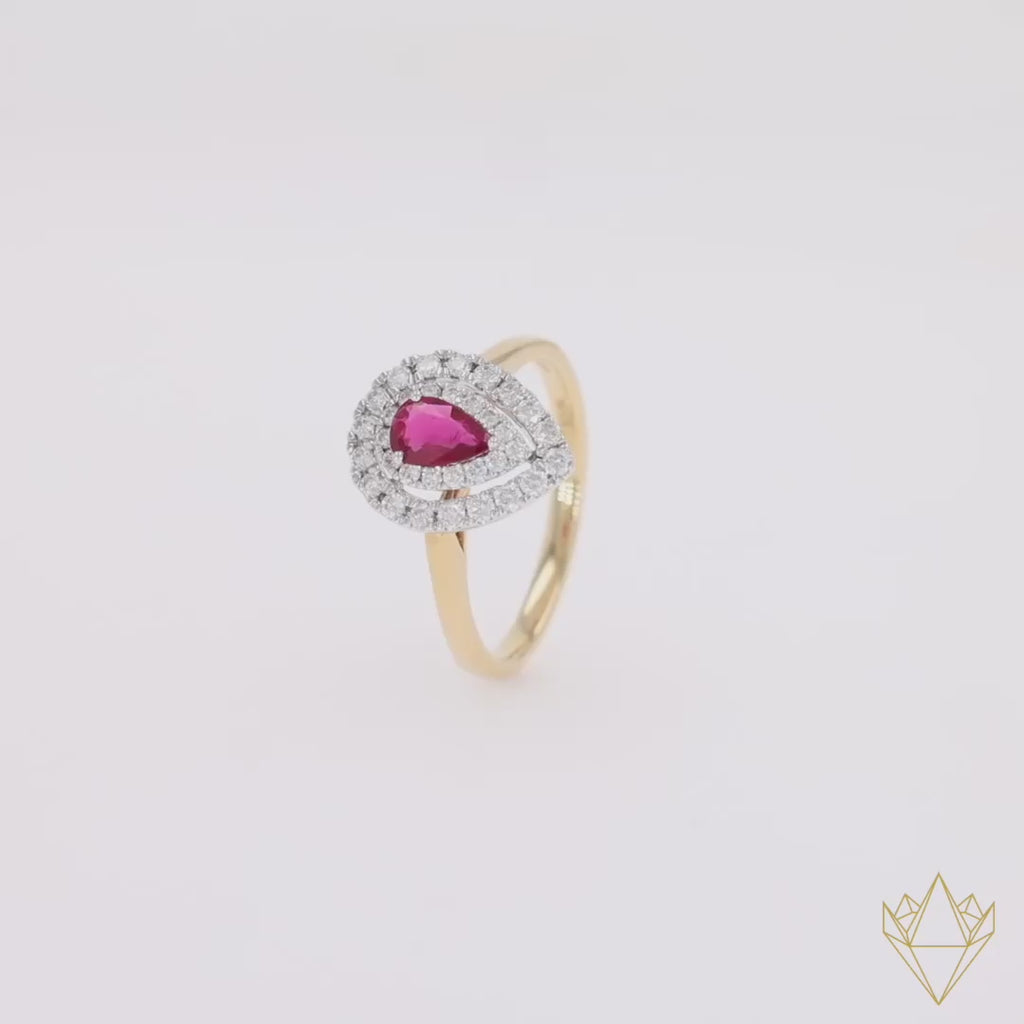18ct Yellow Gold Pear Shape Ruby & Diamond Double Halo Ring - 360 Video
