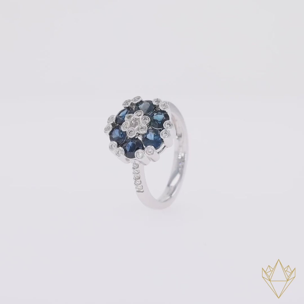 18ct White Gold Sapphire & Diamond Cluster With Diamond Set Shoulders Ring - 360 Video