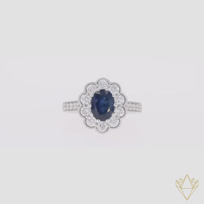 18ct White Gold Oval Cut Sapphire & Diamond Cluster Ring - 360 Video