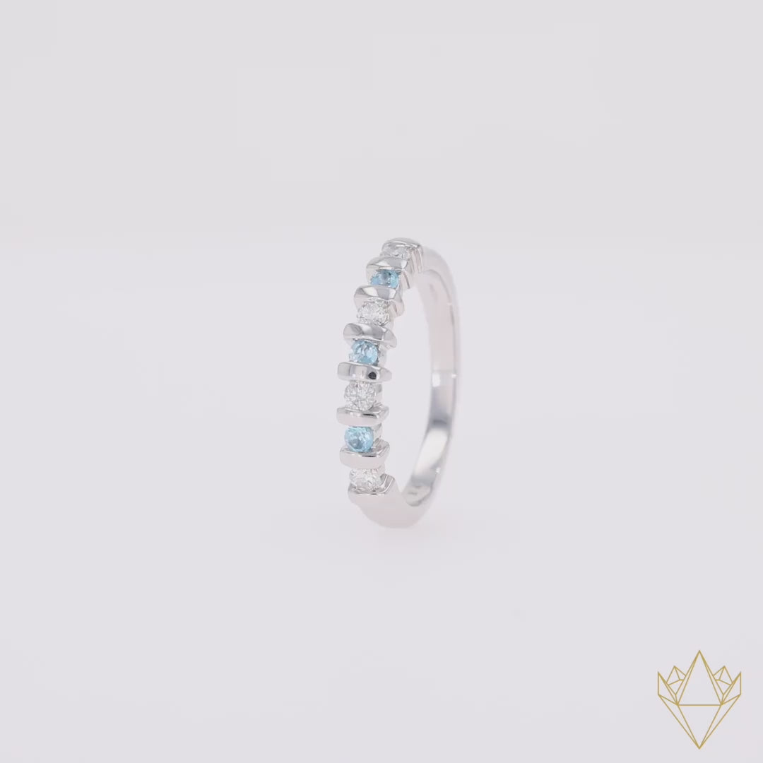 9ct White Gold Blue Topaz & 0.23cts Diamond Bar Set Eternity Ring - 360 Video