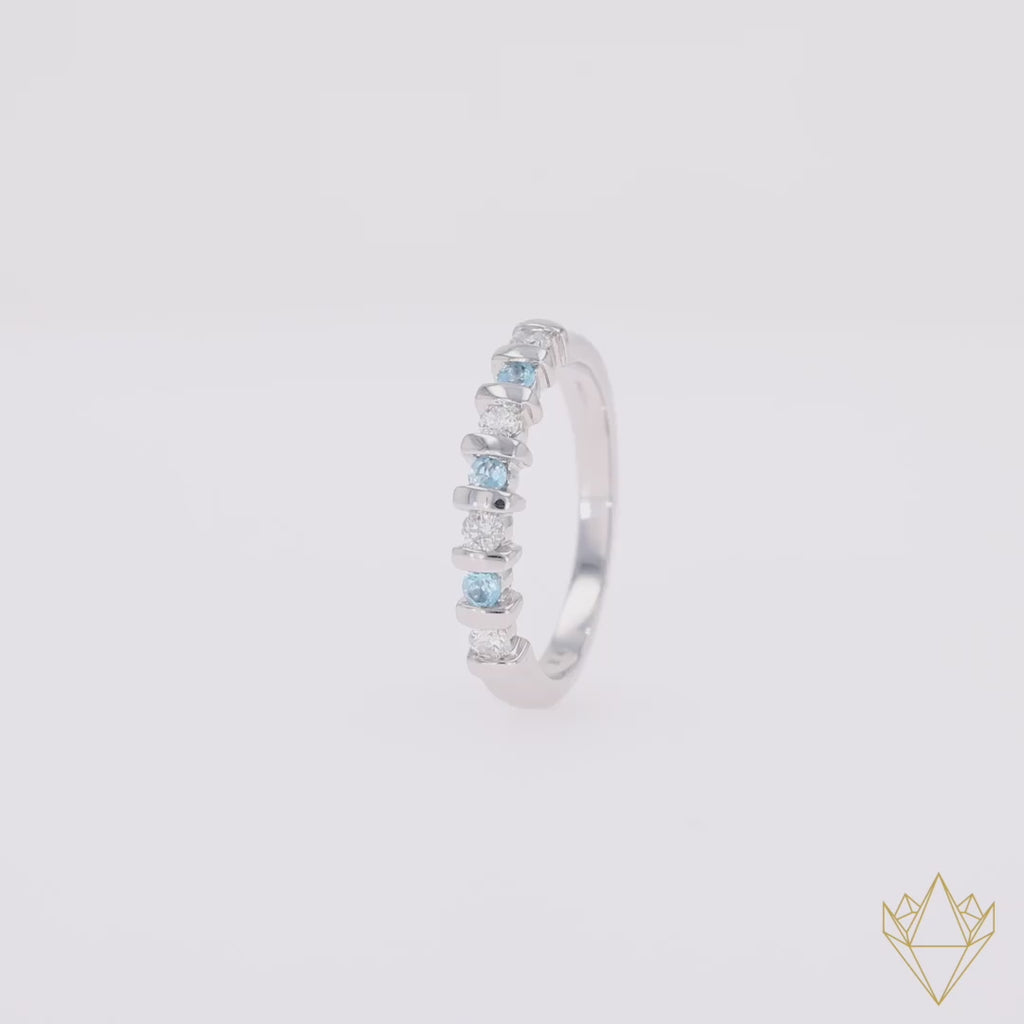 9ct White Gold Blue Topaz & 0.23cts Diamond Bar Set Eternity Ring - 360 Video