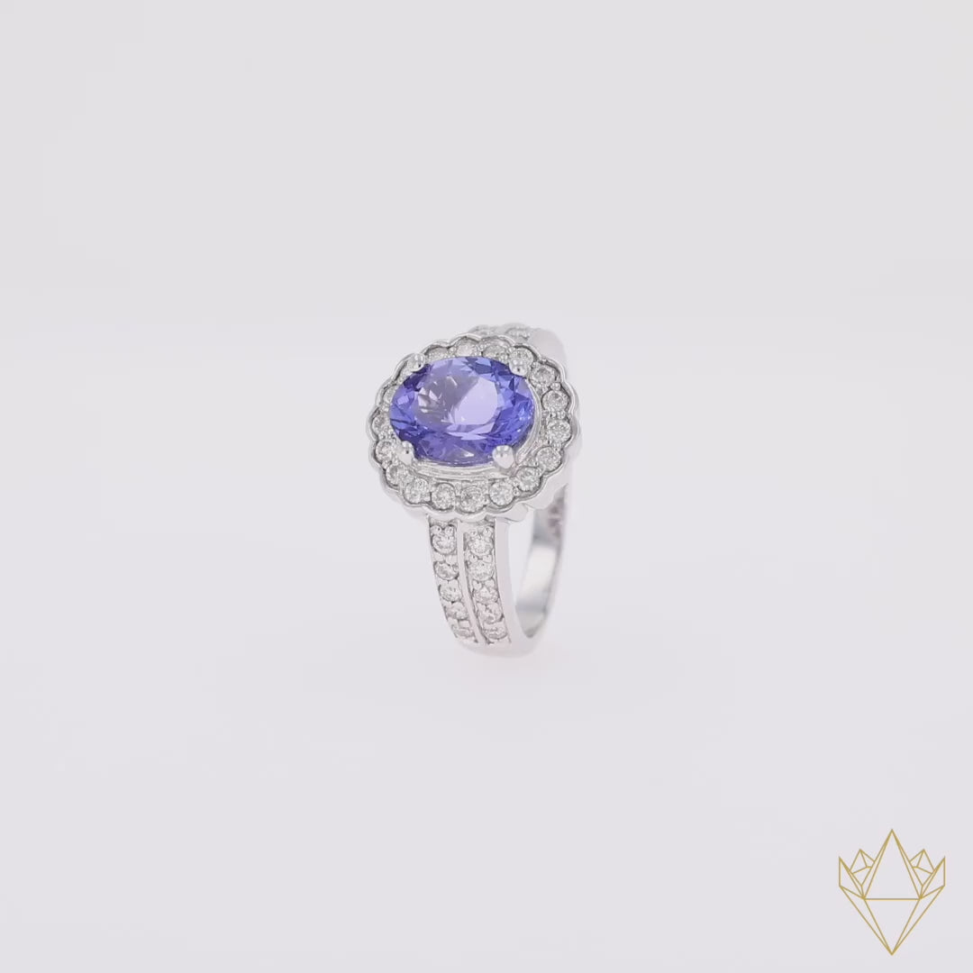 14ct White Gold Oval Shaped Tanzanite & Diamond Cluster Ring - 360 Video
