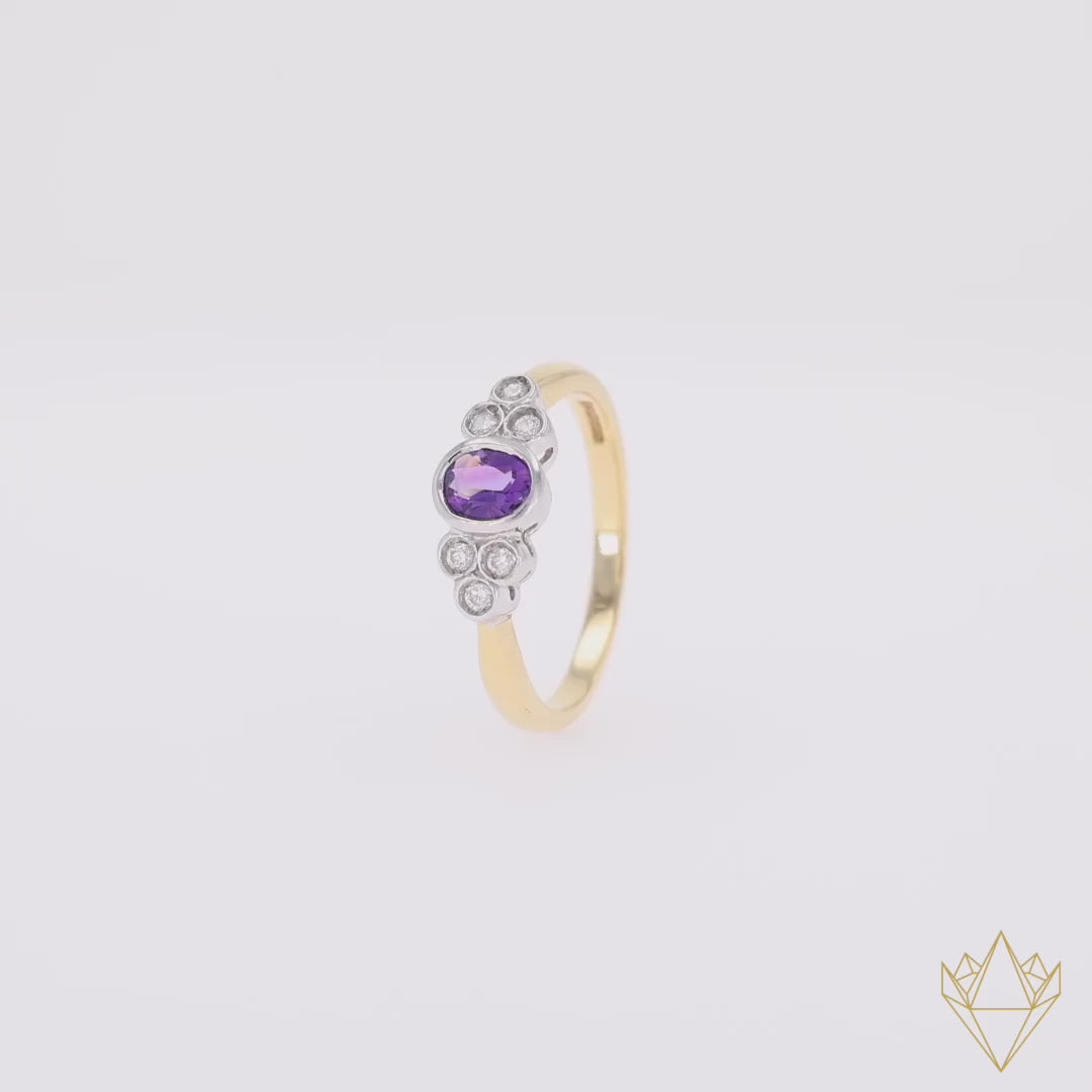 18ct Yellow Gold Amethyst & Diamond Bezel Set Seven Stone Ring - 360 Video