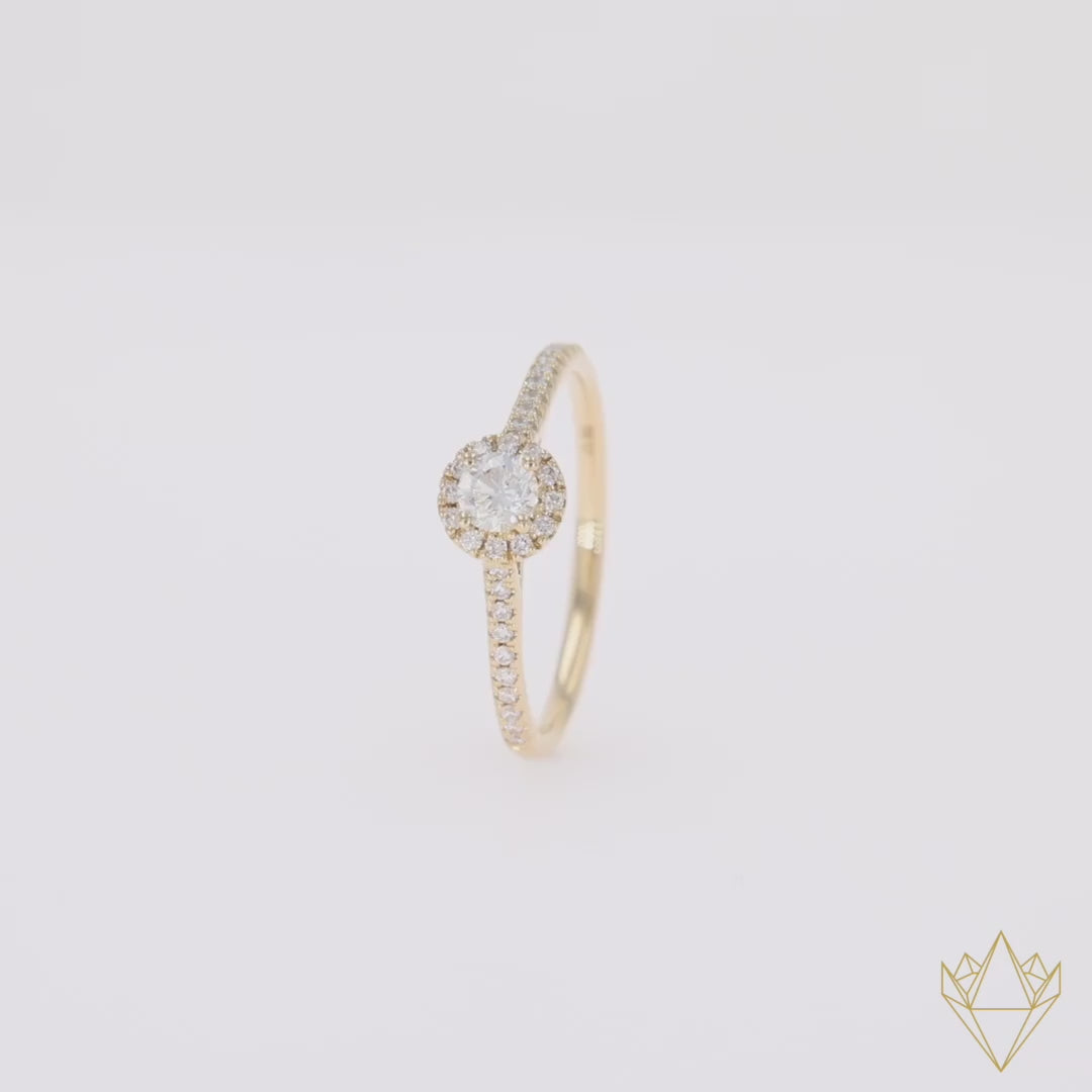360 Video 18ct Yellow Gold Round Shaped Diamond Halo & Shoulder 0.51ctw Ring
