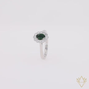 Platinum Oval Shaped Green Tourmaline & Diamond Cluster Ring - 360 Video