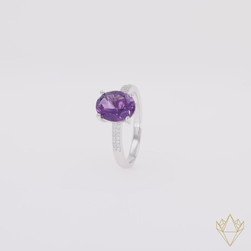 9ct White Gold Oval Cut Amethyst & Diamond Solitaire Ring - 360 Video