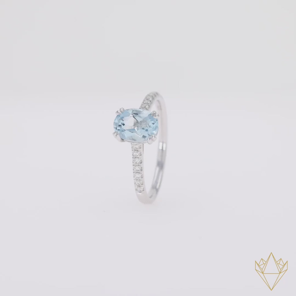 9ct White Gold Oval Cut Aquamarine & Diamond Solitaire Ring - 360 Video