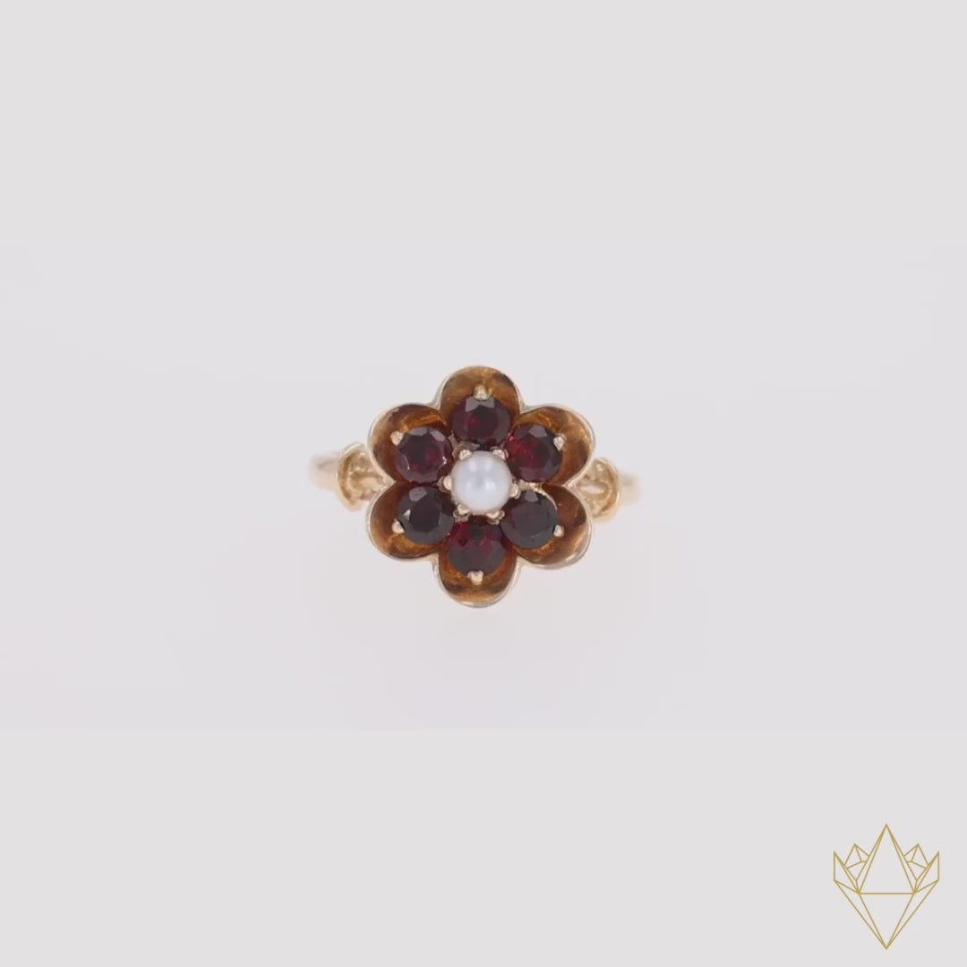 9ct Yellow Gold Cultured Pearl & Garnet Flower Cluster Ring - Video