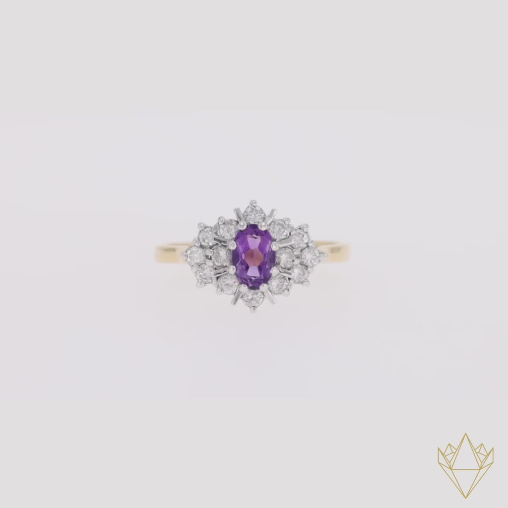 18ct Yellow Gold Amethyst & Diamond Marquise Cluster Ring - Video