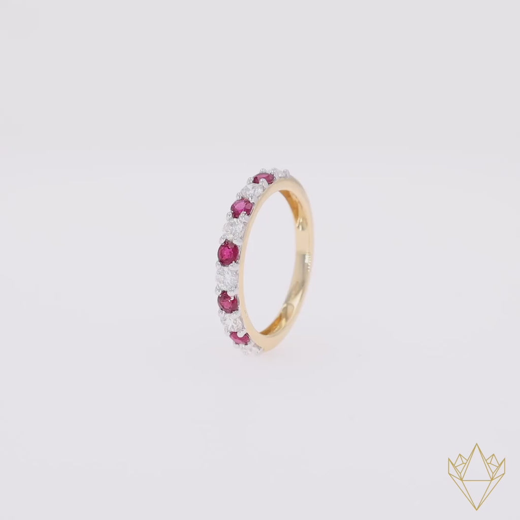 18ct Yellow Gold Ruby & 0.54cts Diamond Claw Set Eternity Ring - 360 Video