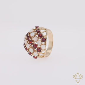 9ct Yellow Gold Garnet & Opal Bombé Ring - 360 Video