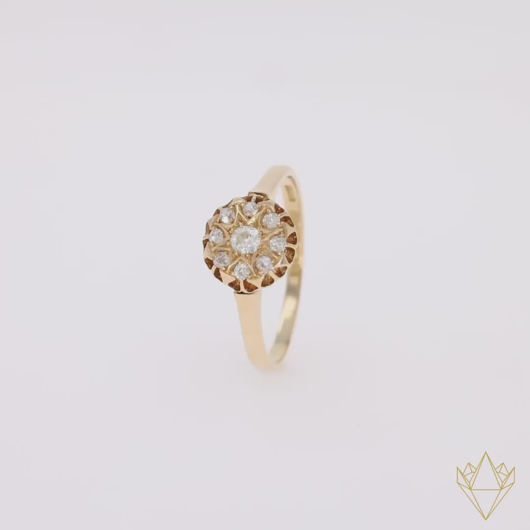 18ct Yellow Gold Old Cut Diamond Starburst Cluster Edwardian Ring - 360 Video