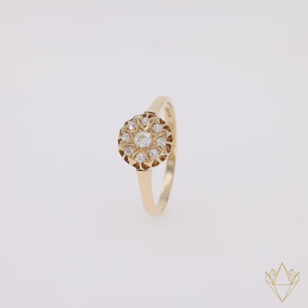 18ct Yellow Gold Old Cut Diamond Starburst Cluster Edwardian Ring - 360 Video