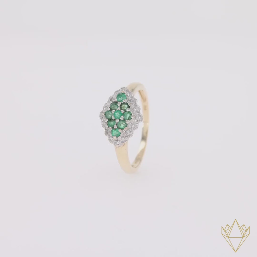 9ct Yellow Gold Emerald & Diamond Navette Cluster Ring - 360 Video