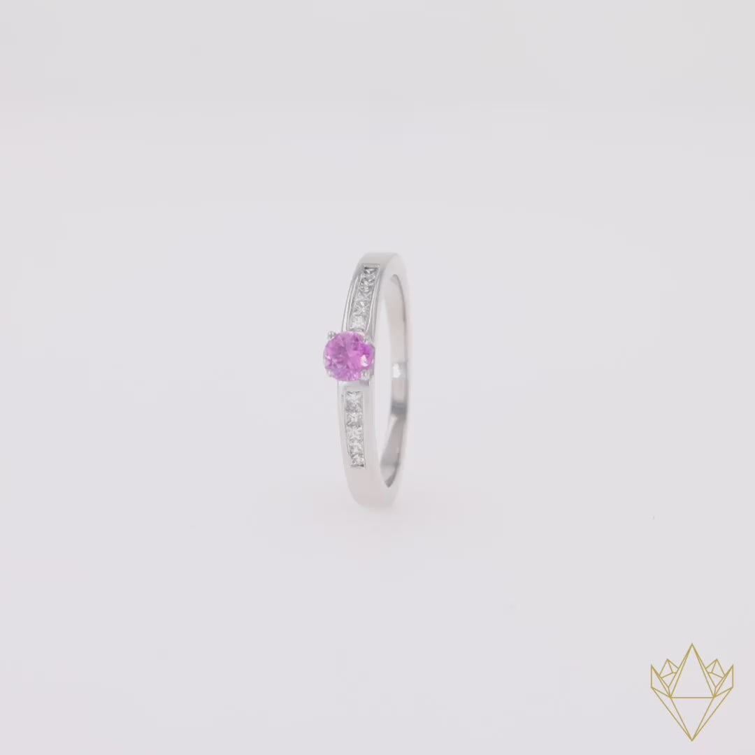 18ct White Gold Pink Sapphire & Diamond Channel Set Shoulders Solitaire Ring - 360 Video