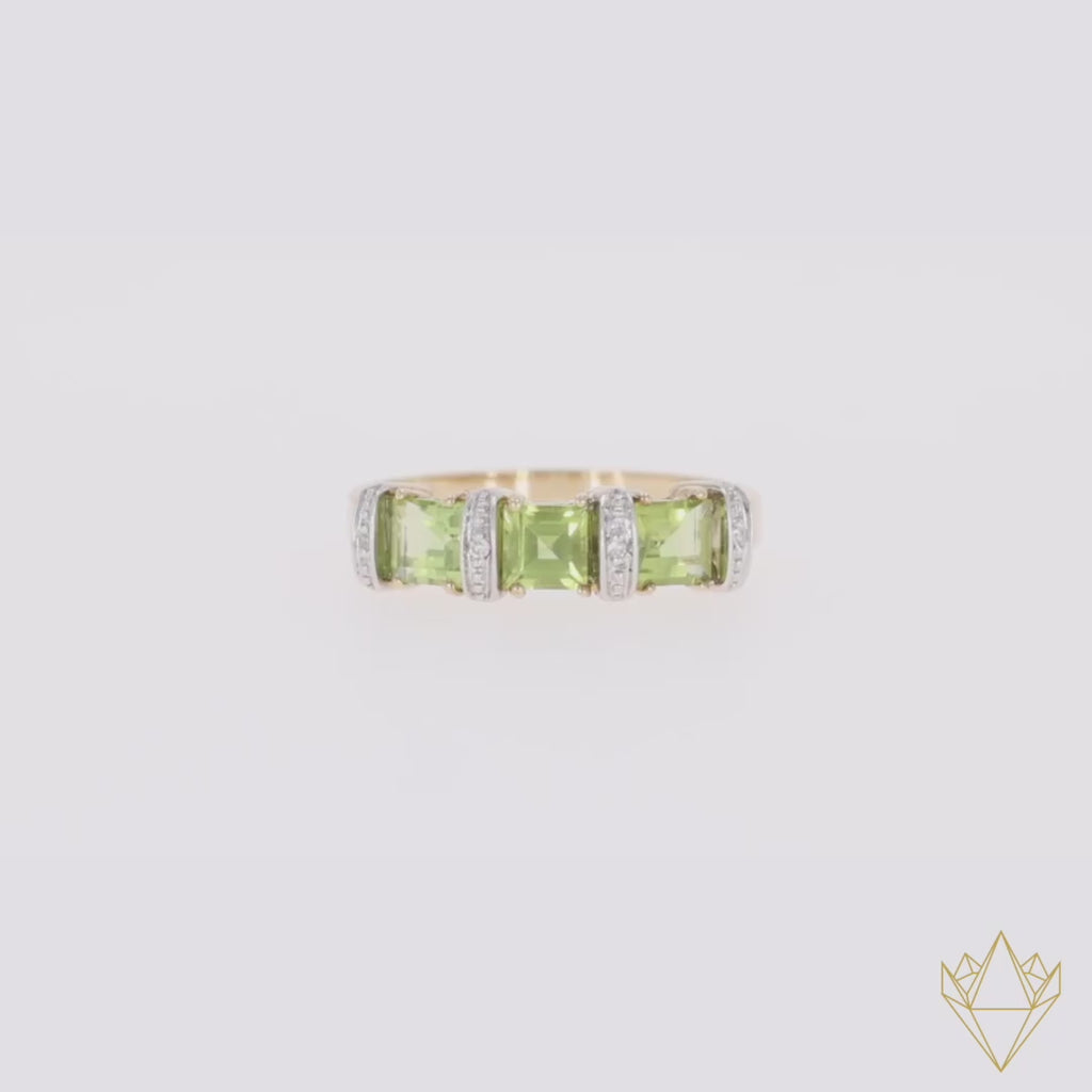 9ct Yellow Gold Carré Cut Peridot & Diamond Dress Ring - Video