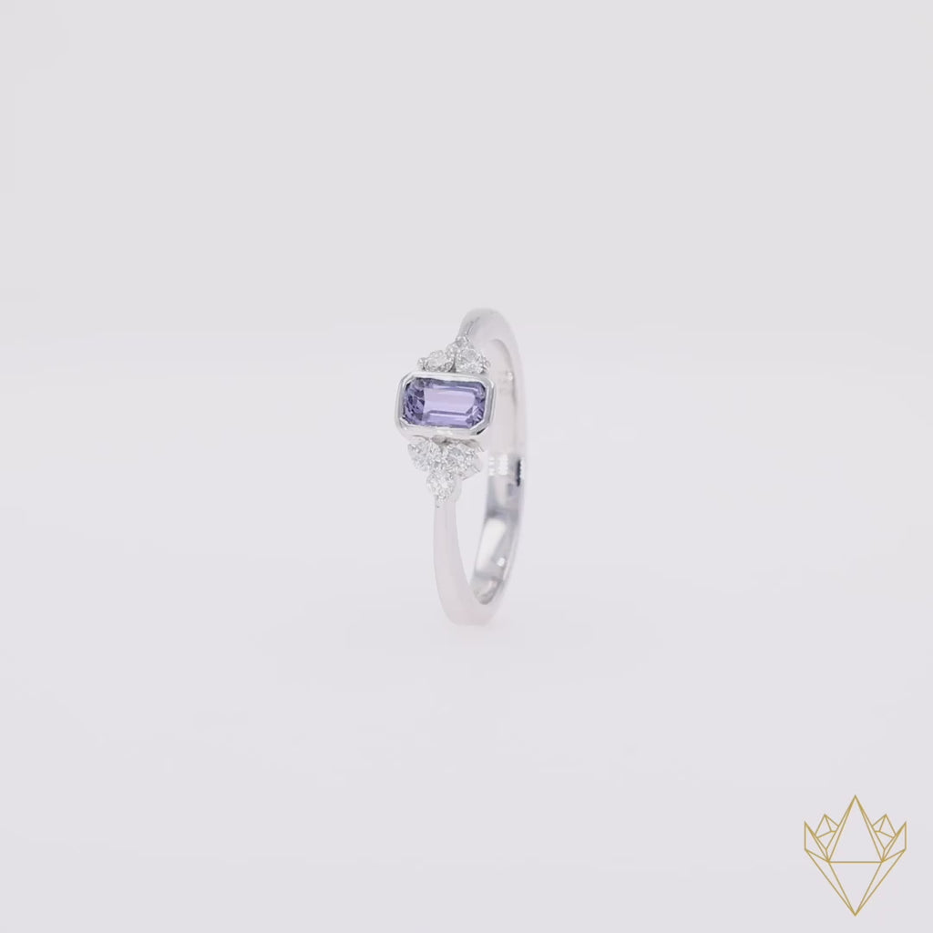 18ct White Gold Emerald Cut Tanzanite Solitaire with Diamond Set Shoulders Ring - 360 Video