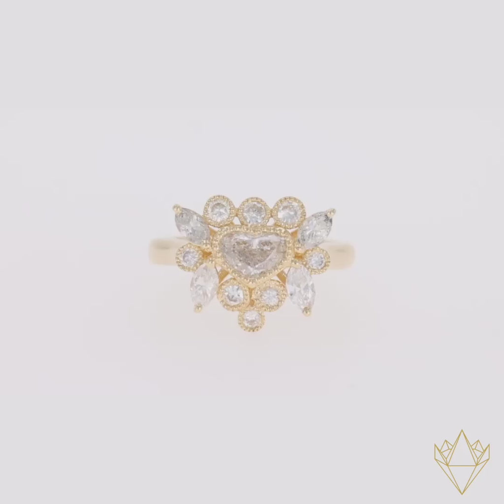 18ct Yellow Gold Heart, Marquise & Round Cut Diamond Cluster 1.24ctw Ring - Video