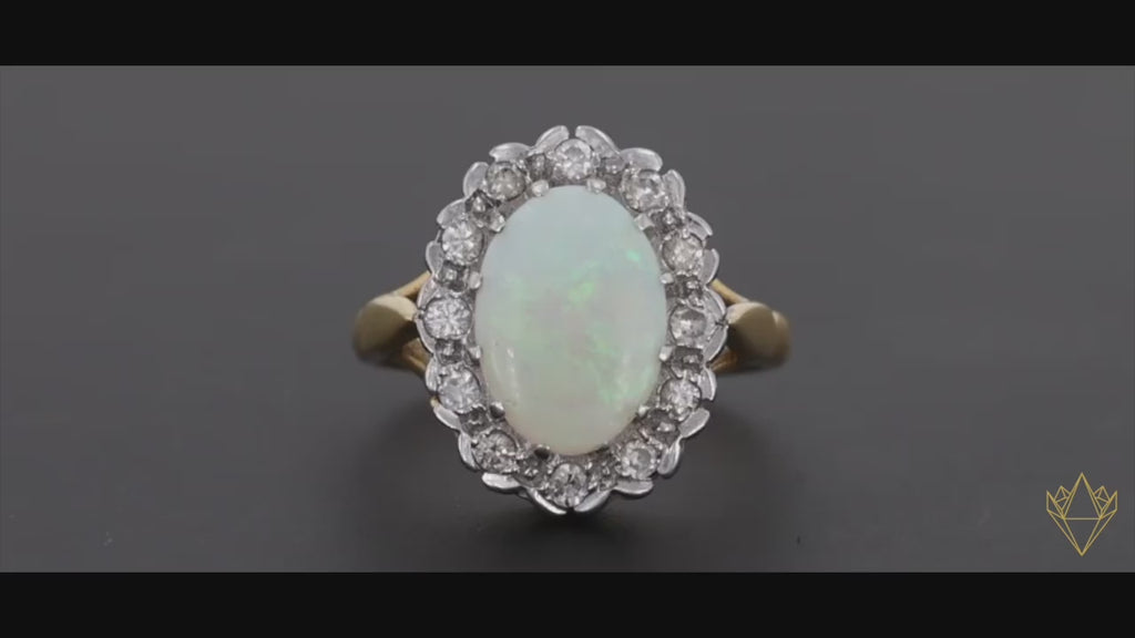 18ct Yellow Gold Oval Shaped Opal & Diamond Cluster Ring - 360 Video