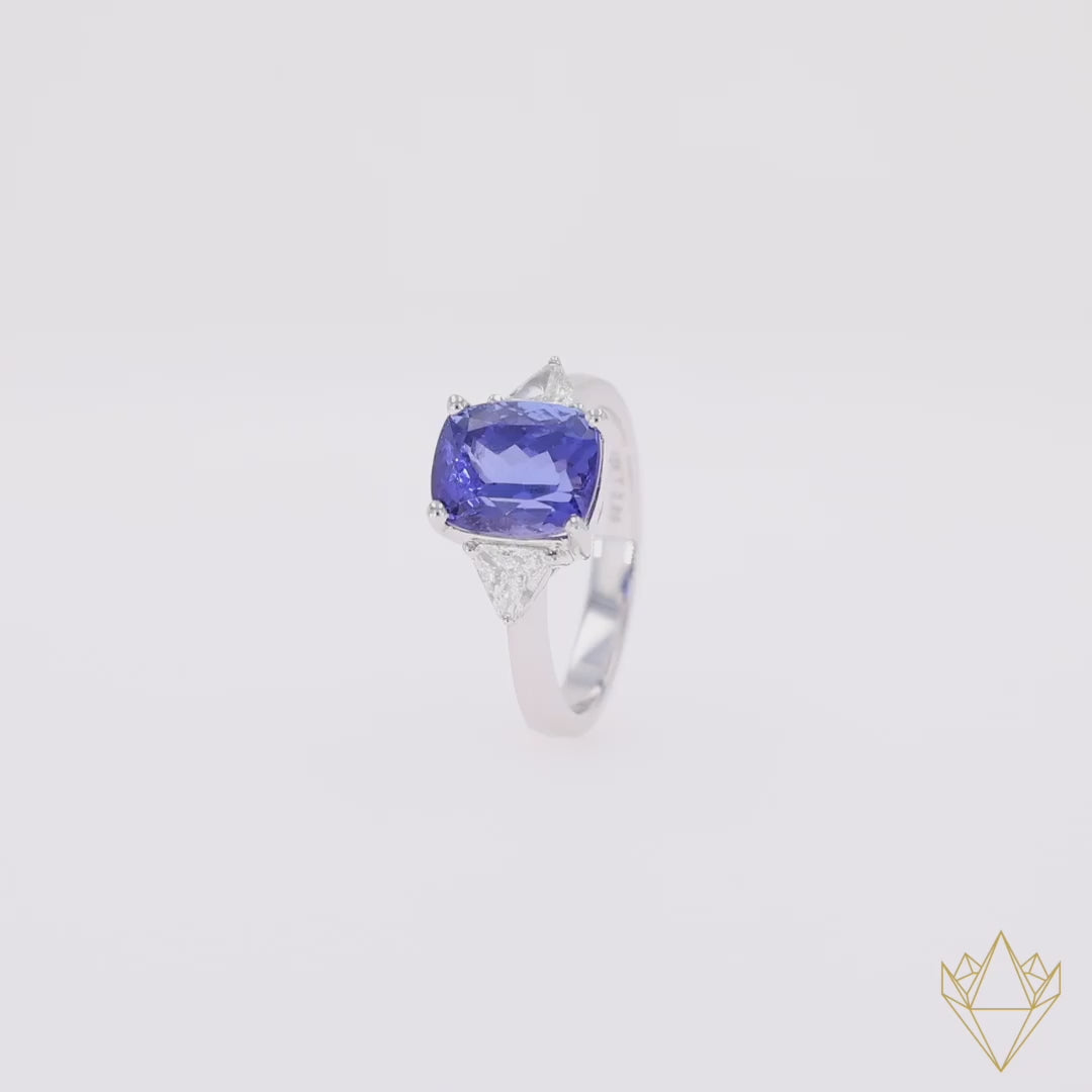 18ct White Gold Cushion Shaped Certified 3.86ct Tanzanite & 0.66ct Diamond Trilogy Ring - 360 Video