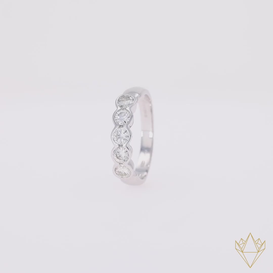 18ct White Gold Round Brilliant Cut 0.86cts Diamond Bezel Set Five Stone Ring - 360 Video