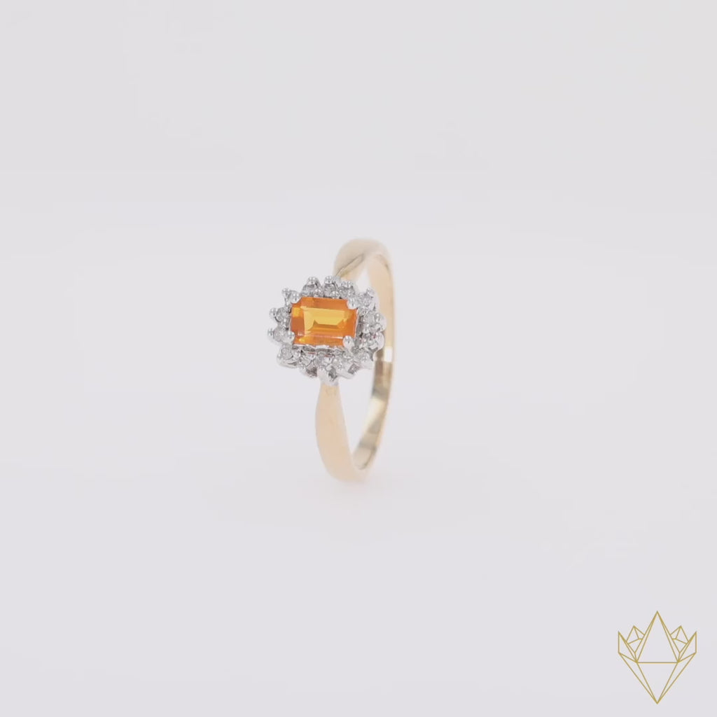 9ct Yellow Gold Fire Opal & Diamond Cluster Ring - 360 Video