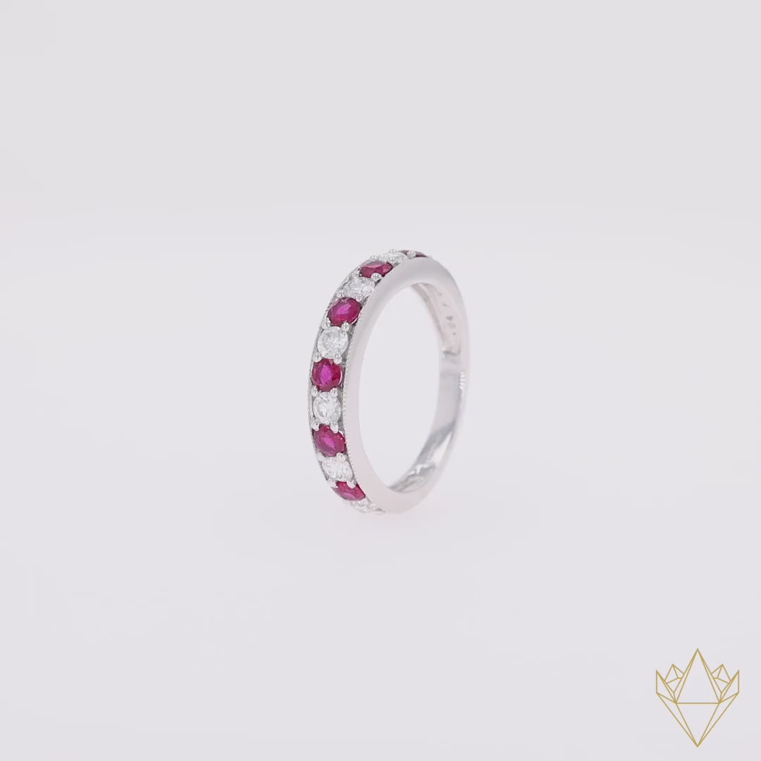 18ct White Gold 0.54cts Diamond & Ruby Mille-Grain Set Eternity Ring - 360 Video