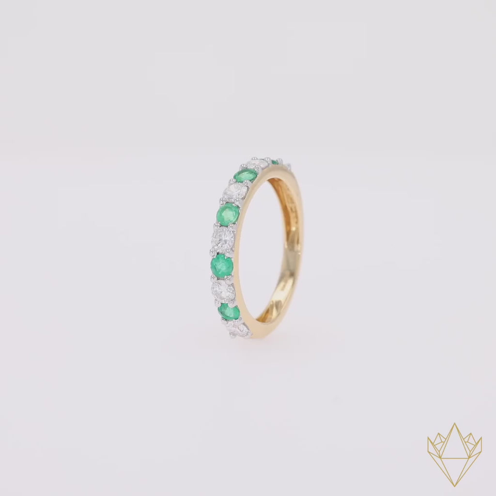 18ct Yellow Gold 0.54cts Diamond & Emerald Claw Set Eternity Ring - 360 Video