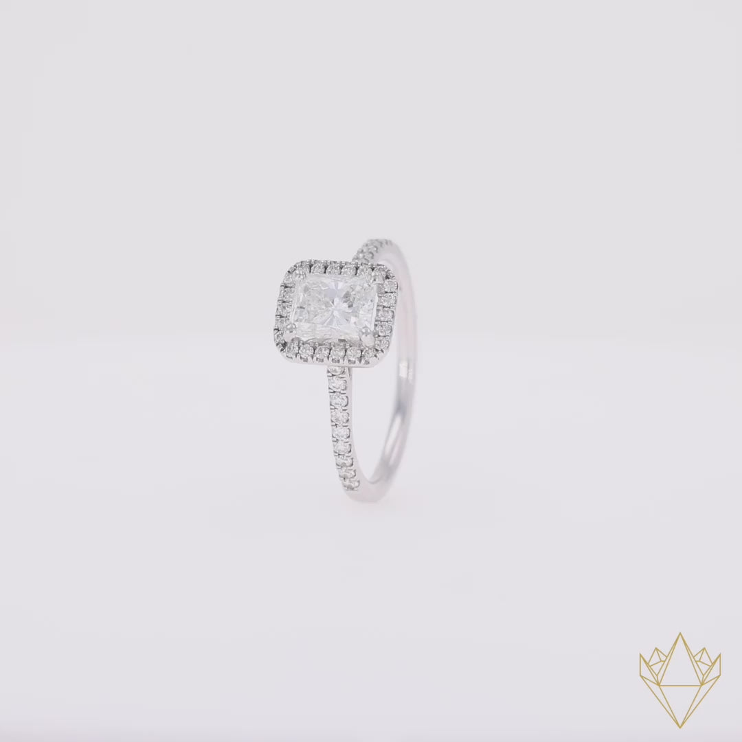 Platinum Radiant Cut Certified 1.49ctw Diamond Halo & Shoulders Ring - 360 Video