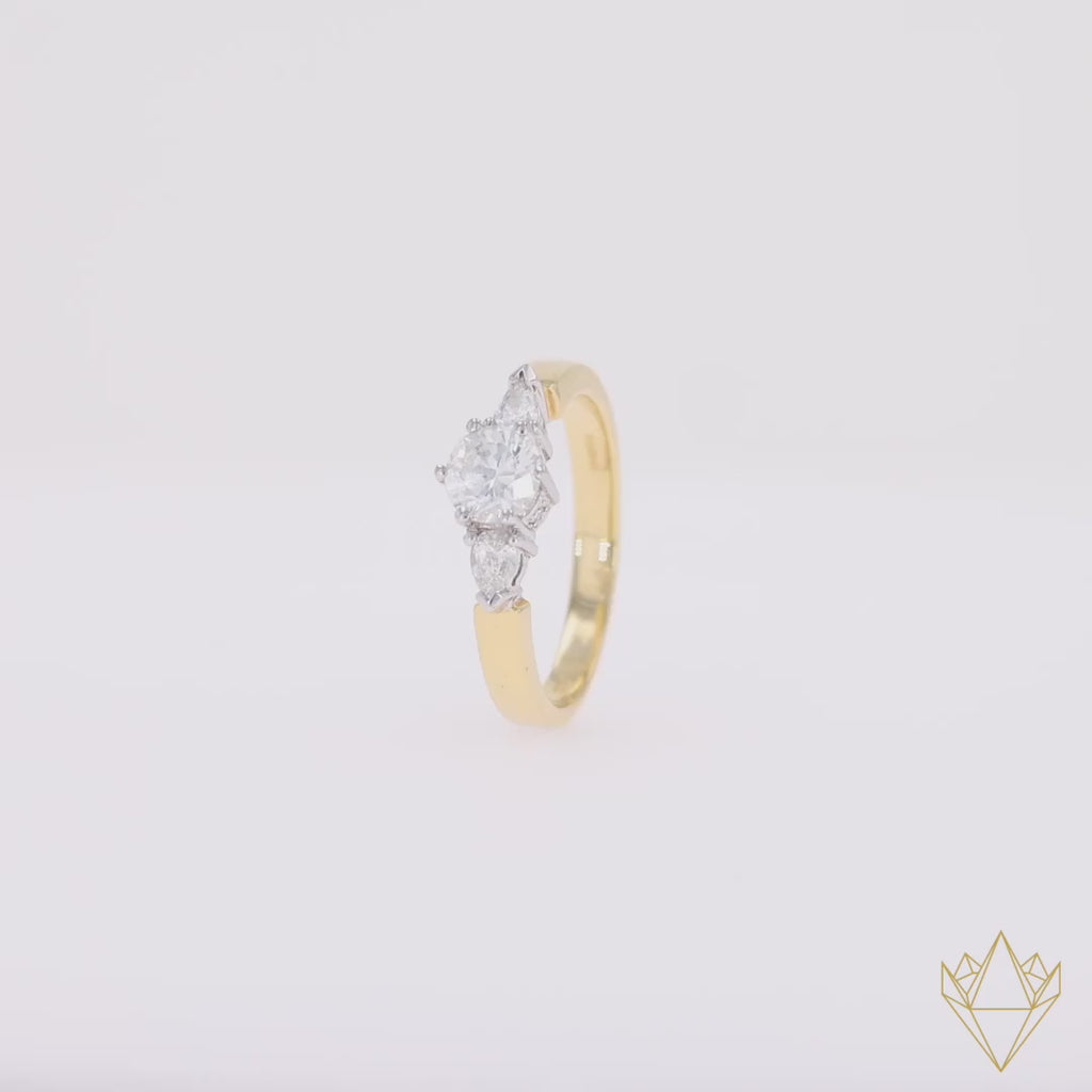 18ct Yellow Gold Round Brilliant & Pear Cut 0.77ctw Diamond Trilogy Ring - 360 Video