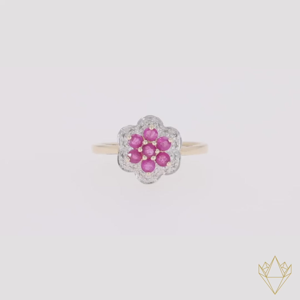 9ct Yellow Gold Ruby & Diamond Flower Cluster Ring - Video