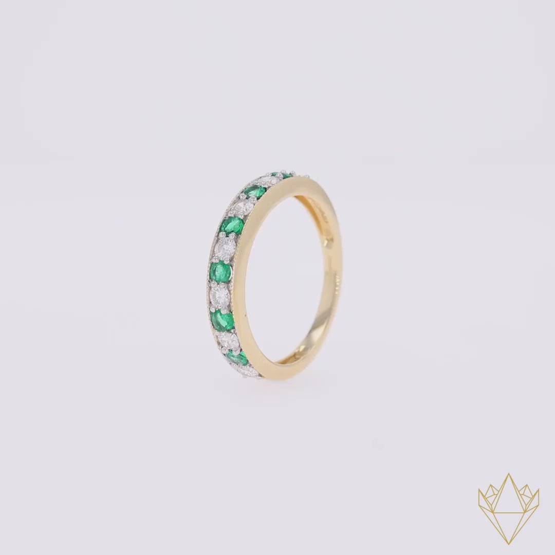 18ct Yellow Gold 0.40cts Diamond & Emerald Mille-Grain Set Eternity Ring - 360 Video
