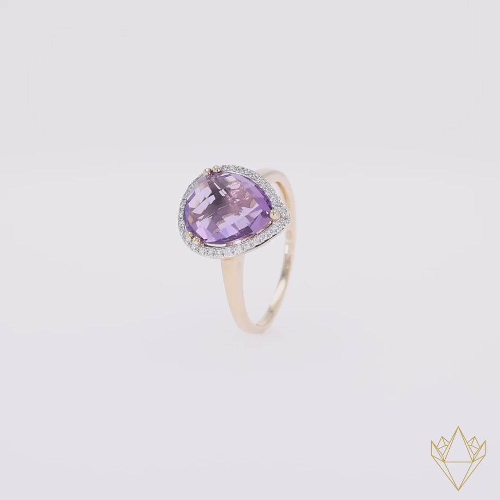 9ct Yellow Gold Pear Shaped Amethyst & Diamond Cocktail Ring - 360 Video