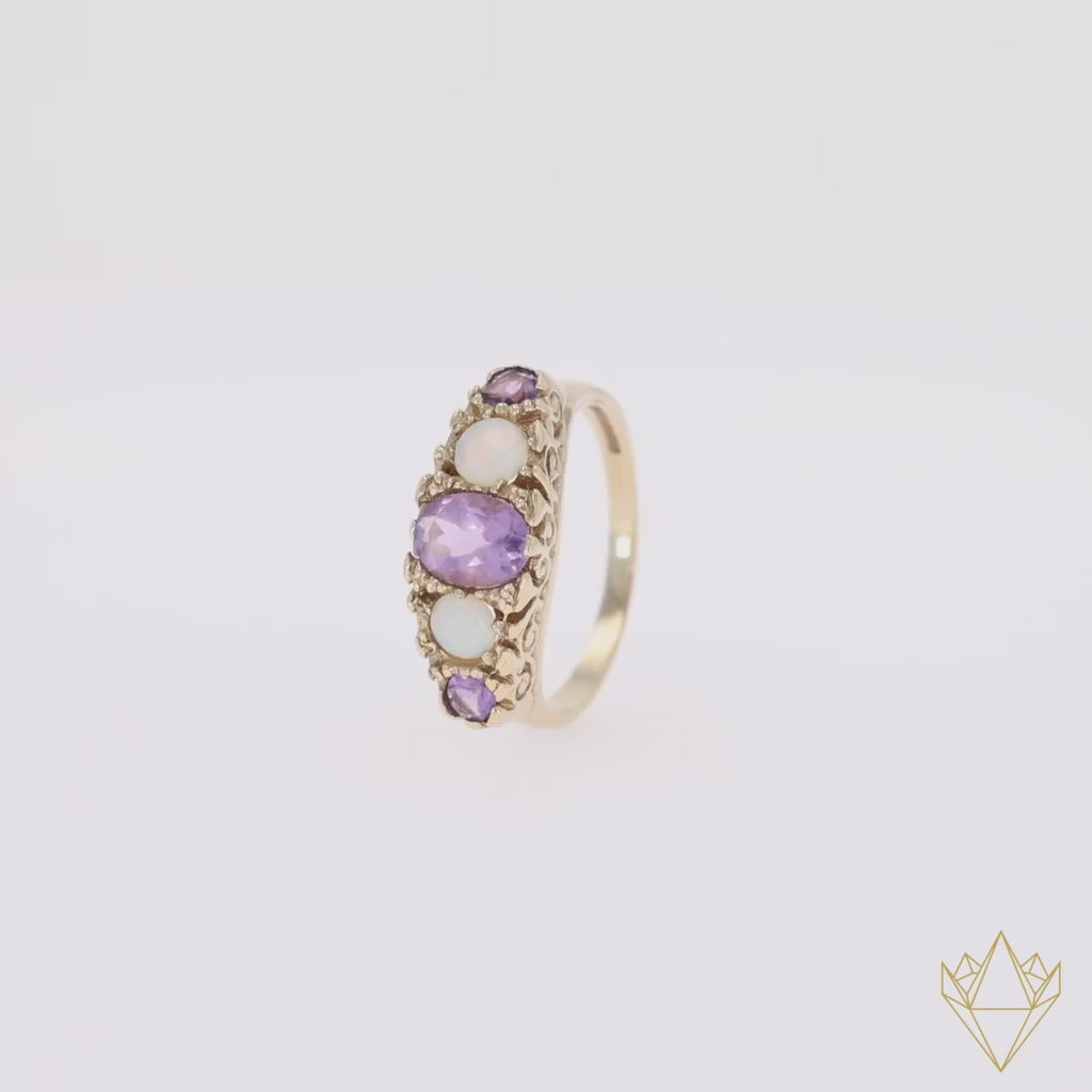 9ct Yellow Gold Amethyst & Opal Five Stone Ring - 360 Video